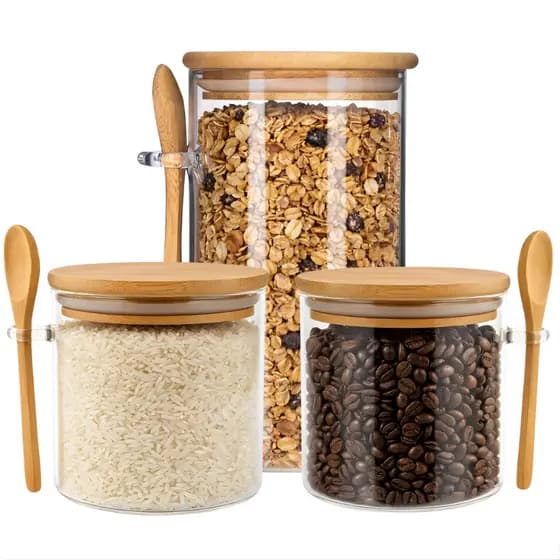 Pote de Vidro Hermético com Tampa Bambu e Colher 440ml 610ml 970ml
