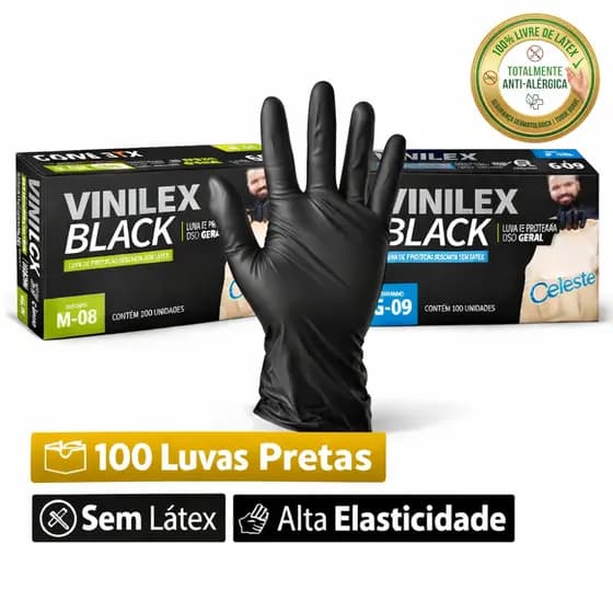 Luva Vinil Preta Descartável 100 Unidades Sem Látex Livre de Pó TPE Cozinha Barbearia Estética