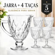 Conjunto Jarra de Cristal 1,2L 4 Taças 330ml Para Água Suco Bebidas Mesa Posta