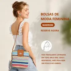 Bolsa Feminina Pequena de Ombro e Transversal em Palha Trançada com Fecho Metálico Detalhes e Elegantes TM9234 JZ