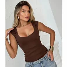 Blusa Feminina Regata Alça Larga Plissada Ribana Canelada Básica e Elegante Blusinha Estilosa