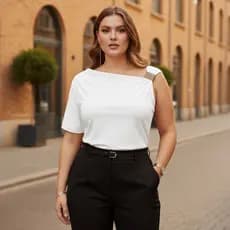 Blusa Feminina Plus Size Elegante Suplex Fivela Dourada Casual Trabalho Social Manga 3/4