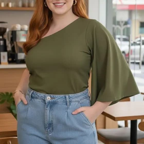 Blusa Feminina Plus Size Nula Manga Flare Suplex Premium Um Ombro Só Elegante Casual