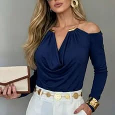 Blusa Feminina Manga Longa Argola Colar Gola Boba Suplex Premium Estilosa Elegante