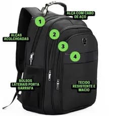Mochila Masculina Reforçada Executiva com Alça Cabo de Aço Preta