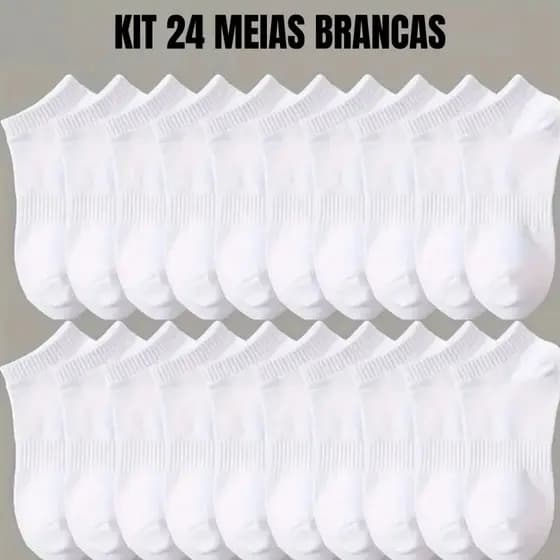 KIT 24 MEIAS FEMININAS BRANCAS SOQUETE CANO CURTO CASUAIS ALGODÃO C/POLIESTER