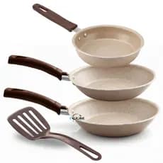 Kit Jogo de Frigideiras 3 Pçs Antiaderente Teflon 6 Camadas Desenhada Crema com Espátula