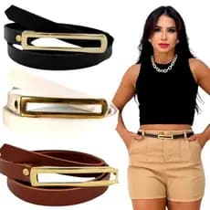 Cinto Feminino Elegante Retangular Fino Fivela Dourada