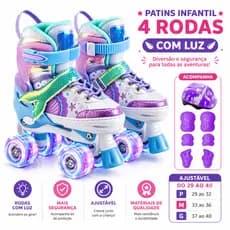 Patins Sereia Ajustável Infantil 4 Rodas Kit Proteção Rodinha Com Led menino menina crianca diversao