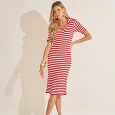 Vestido Midi Elegante Casual Listrado Gola Polo Tricot