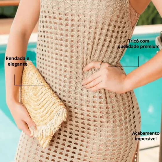 Vestido Midi Plus Size Feminino Saida Praia Crochê Fenda Alça Elegante