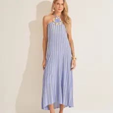 Vestido Longo Verão Elegante Listrado Soltinho Casual Tricot Flor Removível