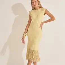 Vestido Midi Elegante Plus Size Liso Com Franja Tricot