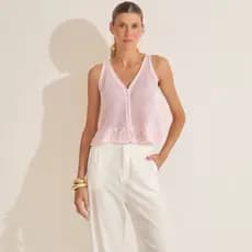 Blusa Regata Feminina Soltinha Croche Tricot Vazado Com Babados Leve Verão Com Botões