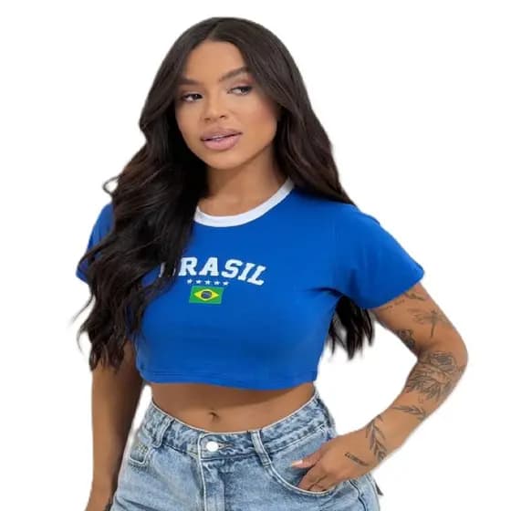 Cropped Feminino Do Brasil Estilo Torcedora Copa 2026 Em Algodão Premium Com Mini Corneta