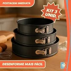 Kit 3 Formas Redondas Antiaderente com Fundo Removível Para Bolo Torta Cheesecake Confeitaria Teflon