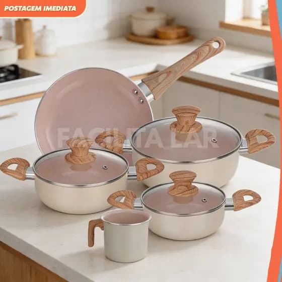 Jogo De Panelas Cerâmica 5 Peças Antiaderente Kit Caçarola Frigideira Tampa Vidro Temperado Premium Cozinha Nota Fiscal