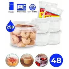 Pote Plástico Redondo Descartável c/Tampa 250 ml 24Un P/Bolo de Pote Açaí Marmita Freezer, Micro-ondas, Mantimentos