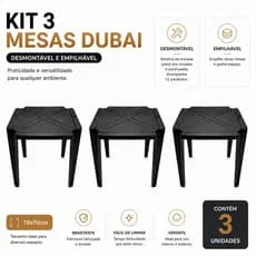 Kit 3 Mesas 70x70cm Pretas – Desmontáveis, Empilháveis e Ideais para Eventos e Lojas Áreas de Lazer