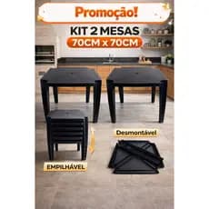 Kit com 2 Mesas Plásticas Pretas 70x70cm – Leves, Práticas e Fáceis de Montar
