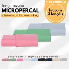 Kit com 3 Lençol Micropercal Liso 400 Fios - Solteiro - Casal - Queen - King  - CORES SORTIDAS!