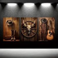 Tríptico Quadro Decorativo Country Boiadeiro Western Chapéu Guitarra Caveira Cowboy