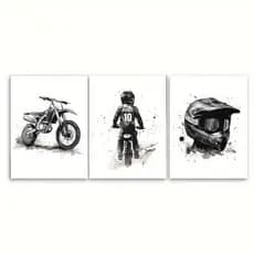 Kit 3 Quadros Motocross Infantil Moto Capacete Esporte Radical Preto e Branco Nome Personalizado