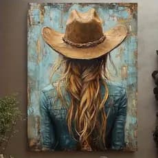 Quadro Decorativo Mulher de Chapéu Estilo Country Rústico Arte Western