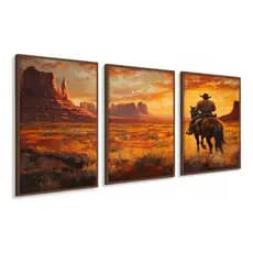 Tríptico Kit Quadros Decorativos Escritório Sala Velho Oeste Cowboy