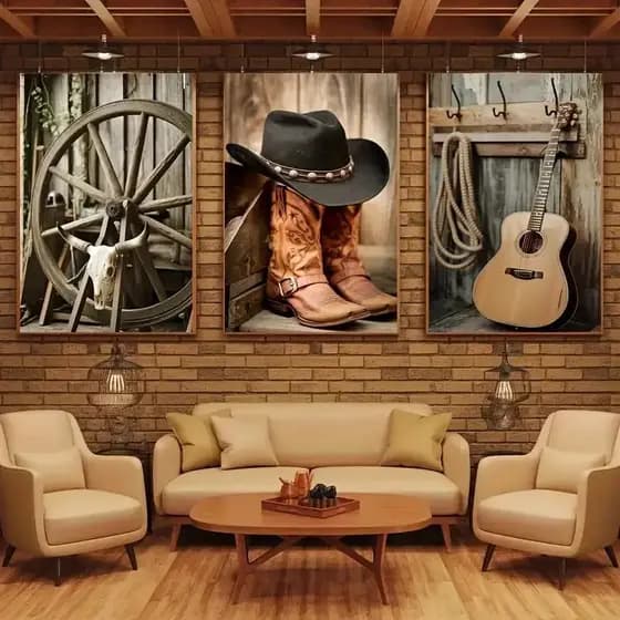 Kit 3 Quadros Country Sertanejo Chapéu Bota Guitarra Caveira Rústico Fazenda
