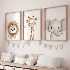 Quadro Decorativo Safari Bebê – Leão, Girafa e Elefante Individual ou Kit