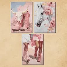 Kit 3 Quadros Decorativos Country • Bota, Cavalo e Boi • Estilo Western / Feminino / Rústico