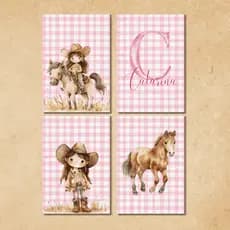 Kit 4 Quadros Decorativos Country Infantil • Cowgirlzinha Xadrez • Quarto de Menina • Estilo Rústico