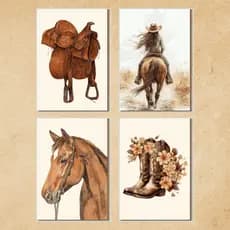 Kit 4 Quadros Decorativos Country • Cowgirl em Aquarela • Estilo Rústico / Feminino / Western