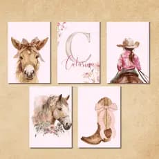 Kit 5 Quadros Decorativos Country Infantil • Cowgirl • Quarto de Menina • Estilo Fazenda / Rústico