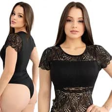 Bory Feminino Rendado Bore Body Com Manga Tecido Poliéster