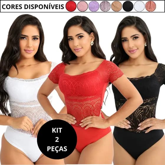 Kit 2 Body De Manga Bori Feminino De Renda Tecido Poliéster