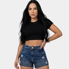 Short Jeans Feminino com Strass Cintura Alta 100% Algodão