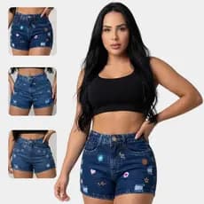 Short Jeans Feminino Bordado Cós Alto Empina Bumbum
