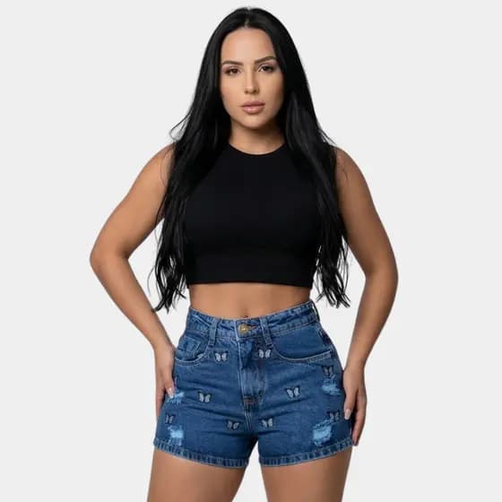 Short Jeans Feminino Cintura Alta com Modelagem 100% Algodão