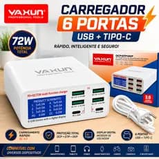 Carregador 6 Portas Yaxun YX-896 Usb Tipo-C Display Digital Medidor De Voltagem QC 3.0