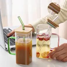 Caneca Copo De Vidro Com Tampa De Bambu E Canudo 350ML