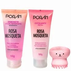 Kit Sabonete e Esfoliante Facial Porán Rosa Mosqueta + Esponja Skincare Polvo + Máscara Labial Hidra