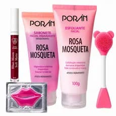 Kit Skincare Facial Sabonete Esfoliante Pincel Massageador Máscara Labial Hidratante Porán Rosa Mosq