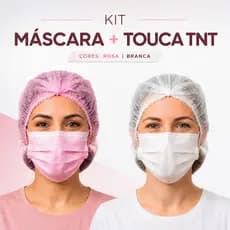 Kit 100 Un.Touca Com Elástico Sanfonada TNT e 50 Máscaras Tripla Descartável Talge Medix Rosa Branca