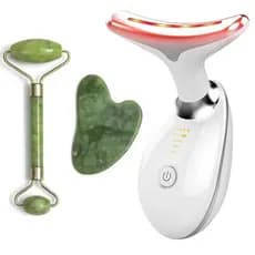 Kit Massageador Facial LED 7 Cores EMS Aquecimento + Rolo Jade Gua Sha - Anti Rugas e Lifting
