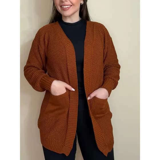 Cardigan Tricot Bolso Casaco Sobretudo Liso Kimono Manga Bufante Festa Junina Inverno 2026
