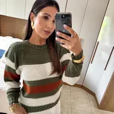 Blusa Feminina de Frio Listrada de Tricot Lã Manga Longa Tricô Gola Redonda Lançamento Inverno