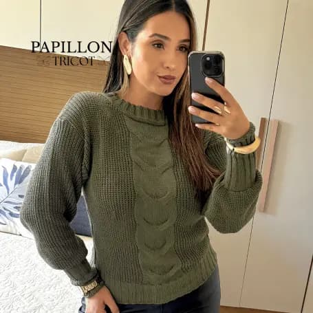 Blusa de Frio Feminina Estilo Blogueira com Trança Inverno 2026 Suéter Tricot Manga Bufante
