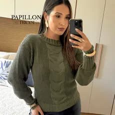 Blusa de Frio Feminina Estilo Blogueira com Trança Inverno 2026 Suéter Tricot Manga Bufante